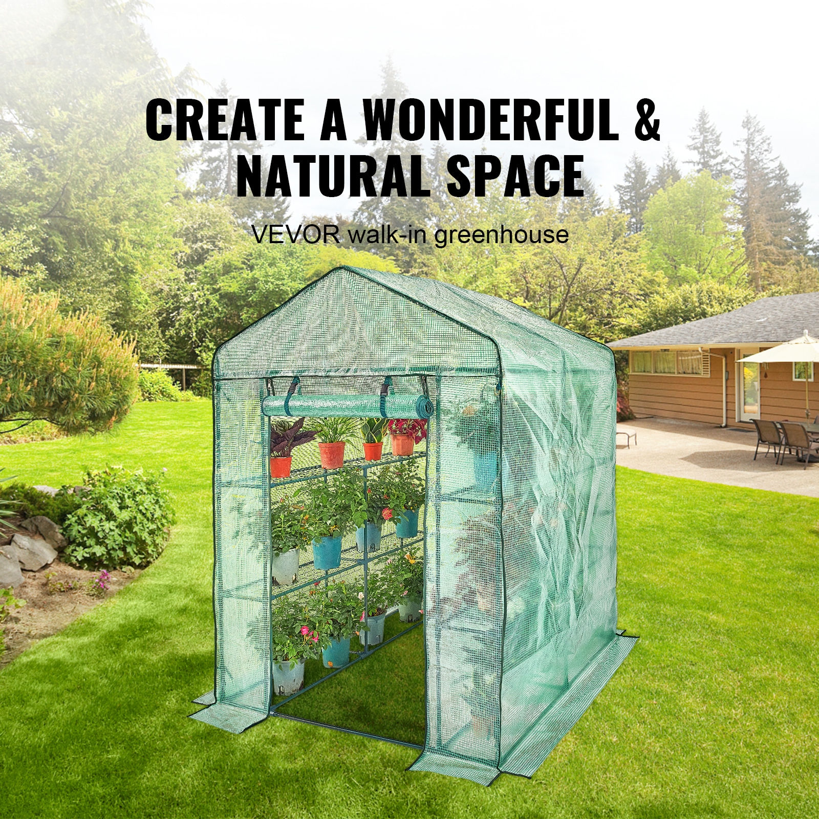Walk-in Green House, 4.6 X 4.6 X 6.6 Ft , Greenhouse With Shelves, High Strength PE Cover With Zipper Door And Steel Frame, Assembly In Minutes, Suitable For Planting And Storage_maomaolike.com